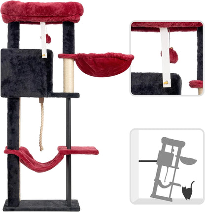 Cat Tree, Cat Tower for Indoor Cats, 43.3 Inch Gothic Cat Tree Tower with Sturdy Steel Tube, Hammock, Cat Condo for Small Cats and Kittens, Scratching Post, Black and Red