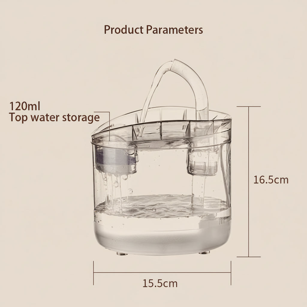 Clear water fountain pitcher with measurement details on a white background