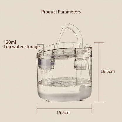Clear water fountain pitcher with measurement details on a white background