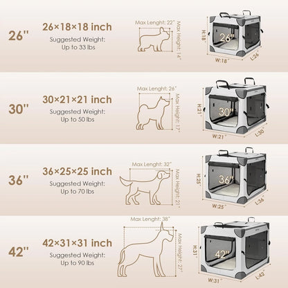 Dimensions and weight capacity chart for pet crates with illustrations of dogs.