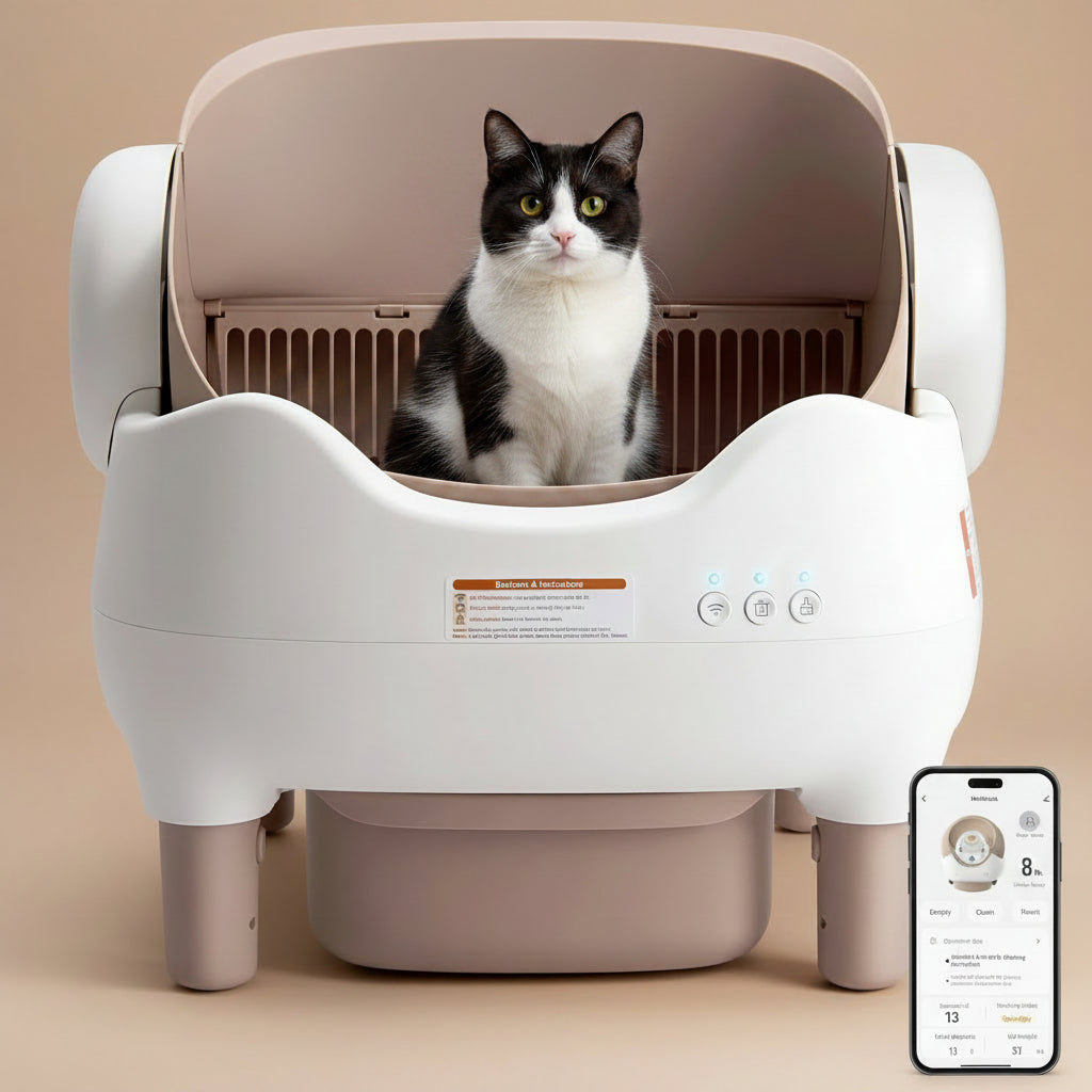 Cat sitting inside a modern pet litter box with a smartphone app displayed.
