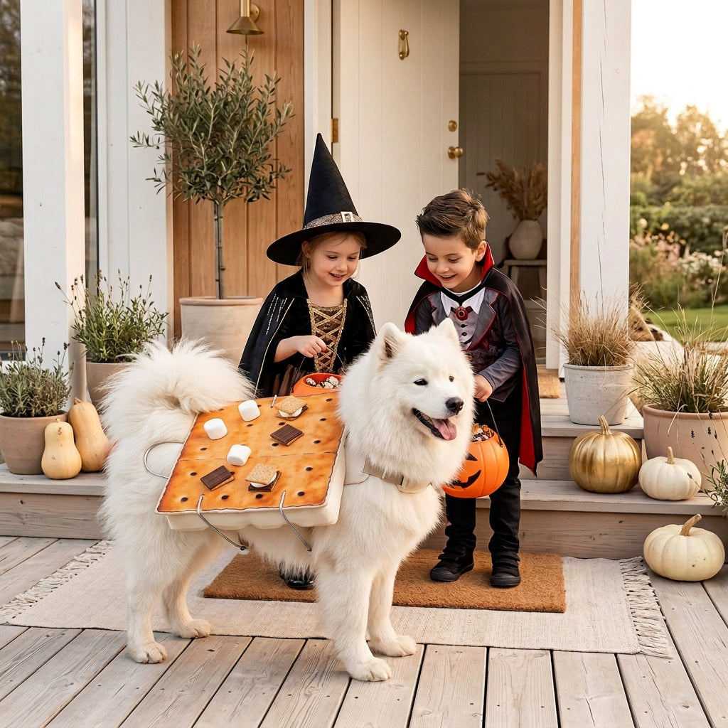 A Halloween scene showing a white fluffy dog wearing a s'mores costume, with 2 children in costumes holding a pumpkin buckets nearby, and the overall image has spiderwebs, pumpkins, and autumn decorations.