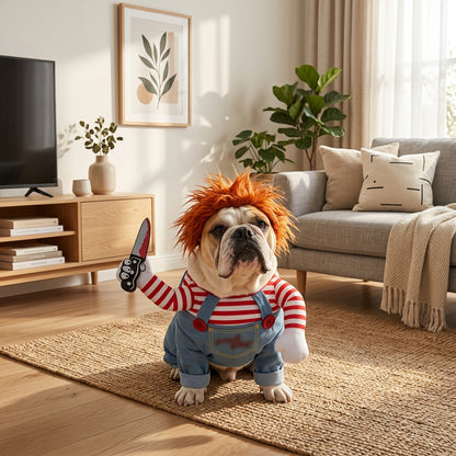 Dog in a costume with red hair, striped shirt, and denim overalls in a living room.