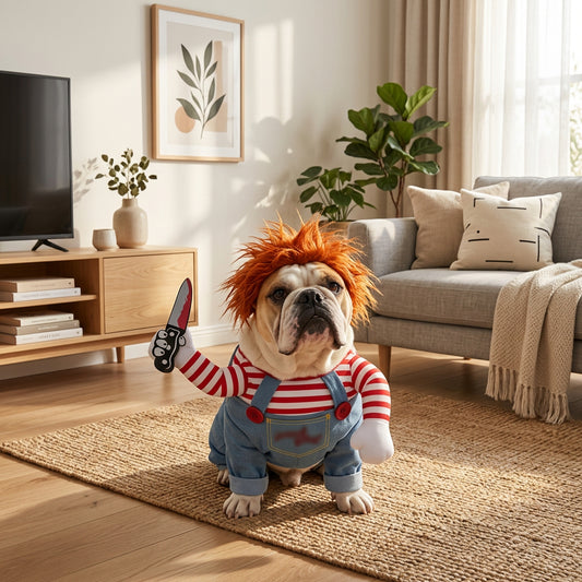 Dog in a costume with red hair, striped shirt, and denim overalls in a living room.