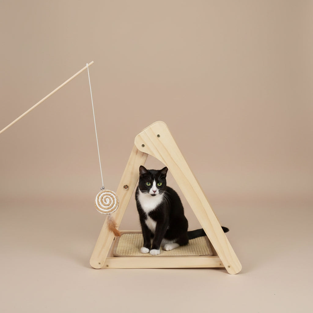 Tuxedo cat sitting inside a wooden pet play structure with a hanging toy on a beige background.
