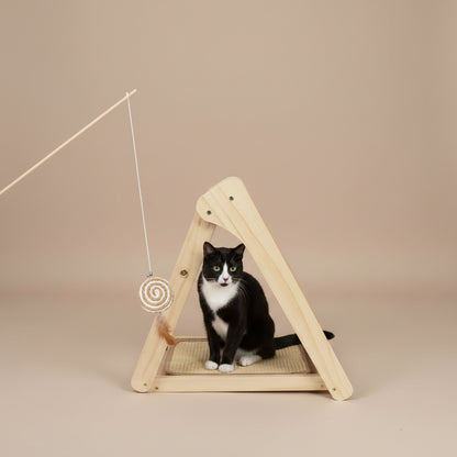 Tuxedo cat sitting inside a wooden pet play structure with a hanging toy on a beige background.