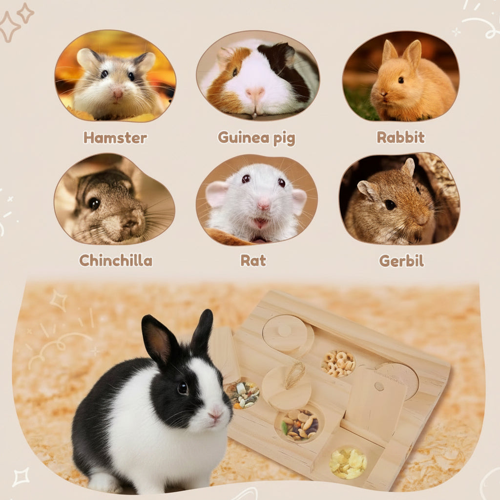 Wooden puzzle with images of small animals and their names on a beige background.