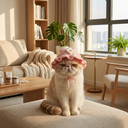 Cat wearing a pink hat with a flower in a home with a cityscape view.