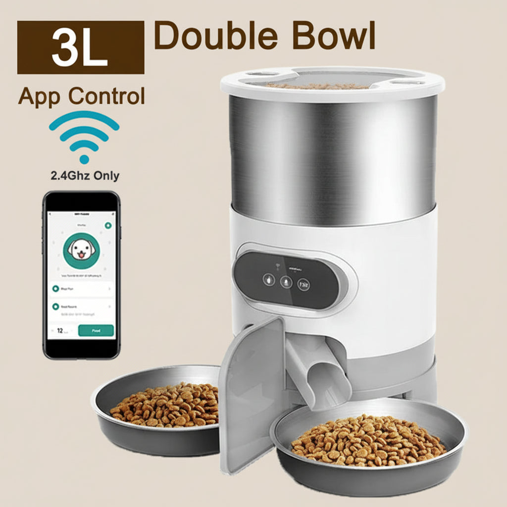 Pet food dispenser with two bowls of food, app control feature, and 3L capacity label.