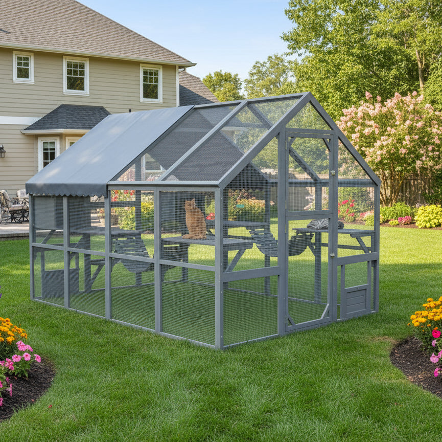 Large Catio Outdoor Cat Enclosure for Multiple Kittens, Wooden Cat House with Waterproof Cover, Walk in Kitty Cage Kennel With