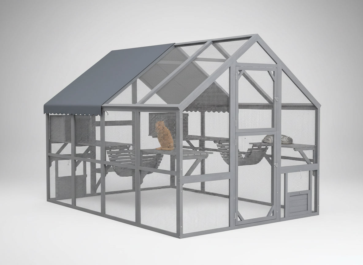 Large Catio Outdoor Cat Enclosure for Multiple Kittens, Wooden Cat House with Waterproof Cover, Walk in Kitty Cage Kennel With