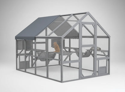 Large Catio Outdoor Cat Enclosure for Multiple Kittens, Wooden Cat House with Waterproof Cover, Walk in Kitty Cage Kennel With