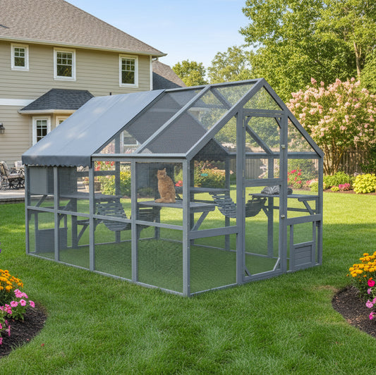 Large Catio Outdoor Cat Enclosure for Multiple Kittens, Wooden Cat House with Waterproof Cover, Walk in Kitty Cage Kennel With