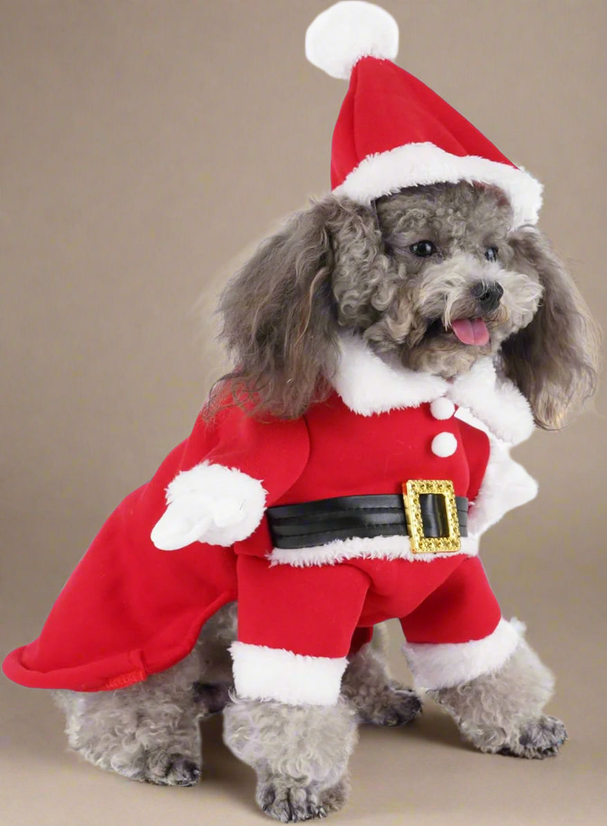 Dog Cat Christmas Santa Claus Costume, Funny Pet Cosplay Outfits with a Cap, Puppy Fleece Warm Apparel Clothes for Xmas (XL Size)