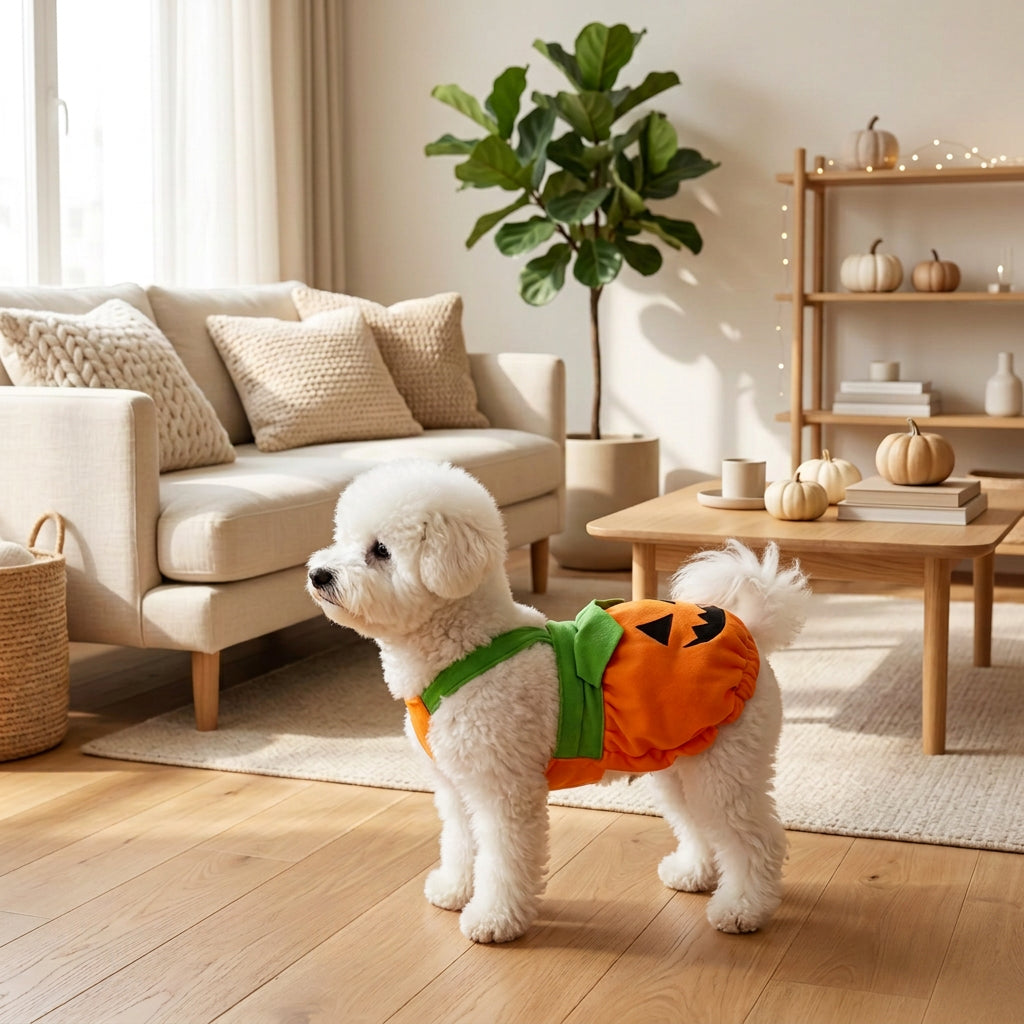 A small white dog wearing an orange pumpkin costume with green trim stands in a warm living room setting.