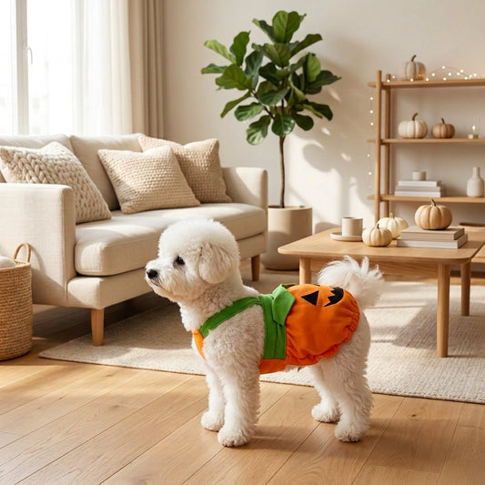 A small white dog wearing an orange pumpkin costume with green trim stands in a warm living room setting.