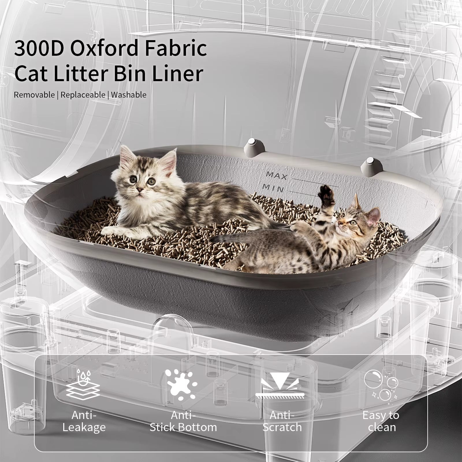 Cat litter bin liner with a kitten inside, featuring text on product features.