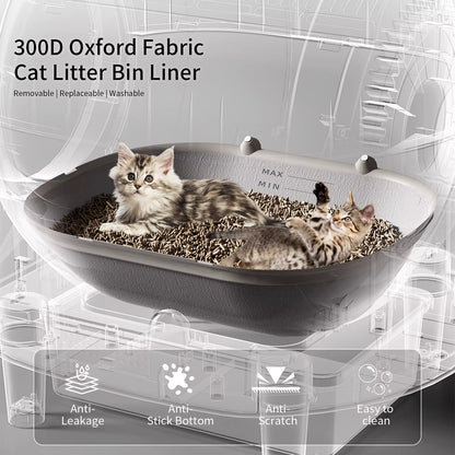 Cat litter bin liner with a kitten inside, featuring text on product features.