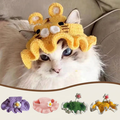 Cat wearing a yellow knitted tiger hat, surrounded by other colorful knitted hats with flowers.