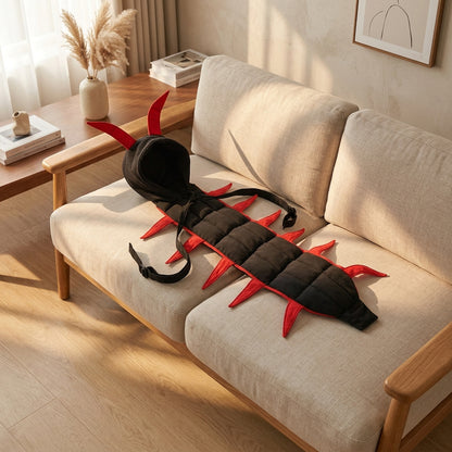 Black and red centipede costume on a beige sofa