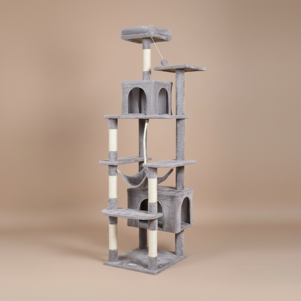 Cat tree with multiple levels, 2 condos, hammock on a beige background