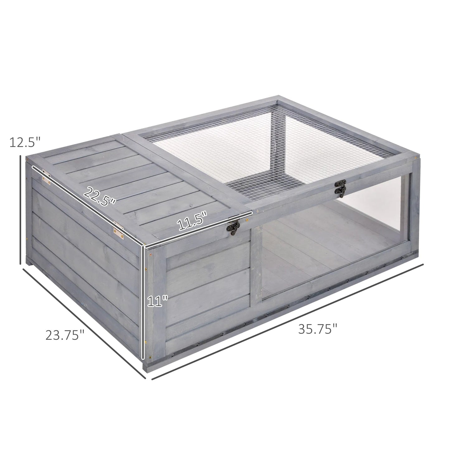 Gray wooden pet cage with clear top, dimensions labeled on a white background