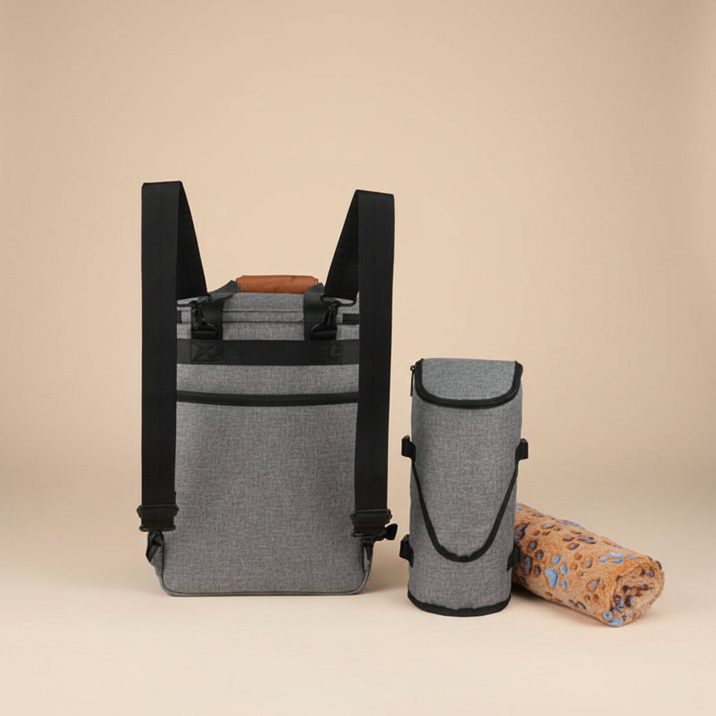 Gray backpack with a smaller cylindrical bag and rolled-up mat on a white background