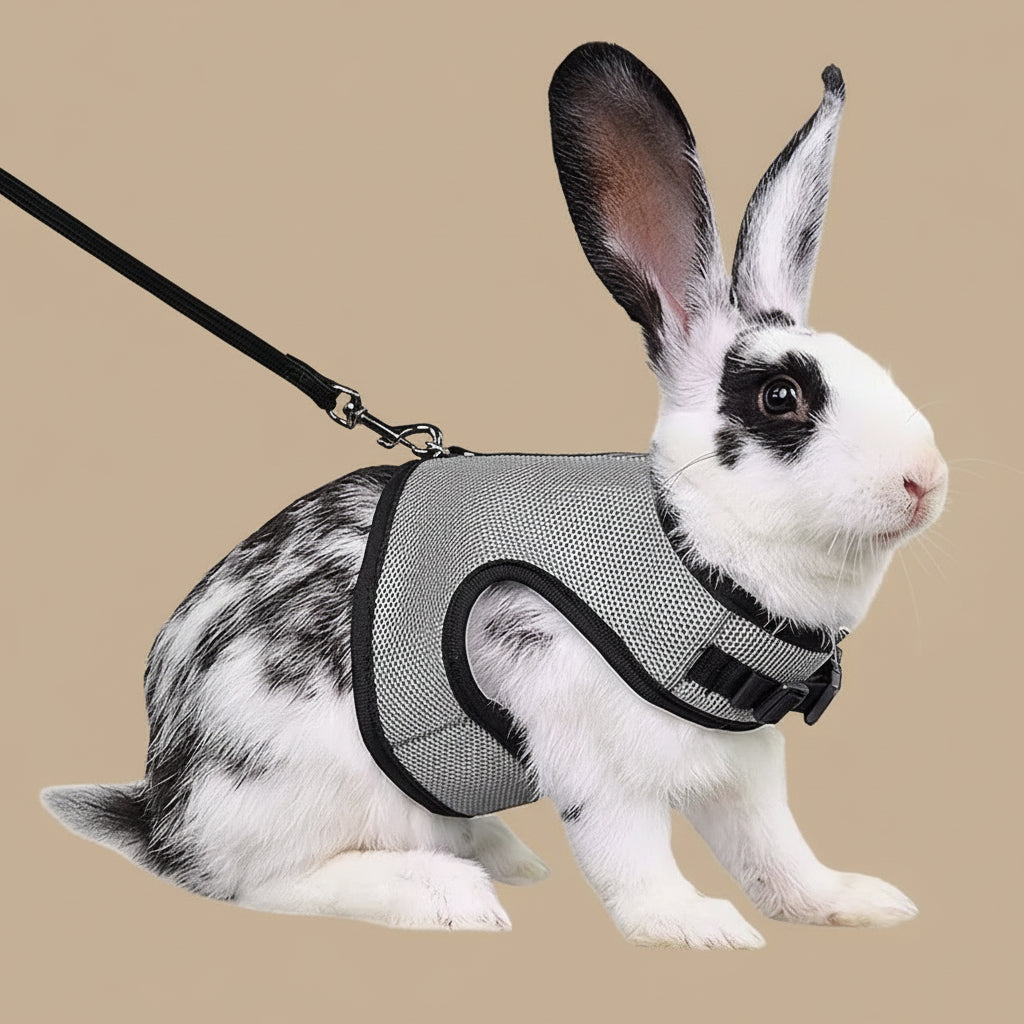 Rabbit wearing a gray harness and black leash on a white background