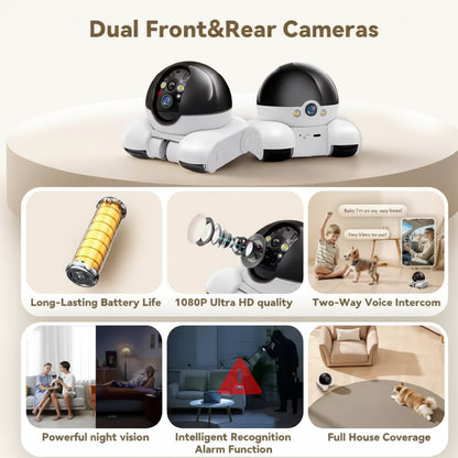 Two security cameras with features listed on a white background