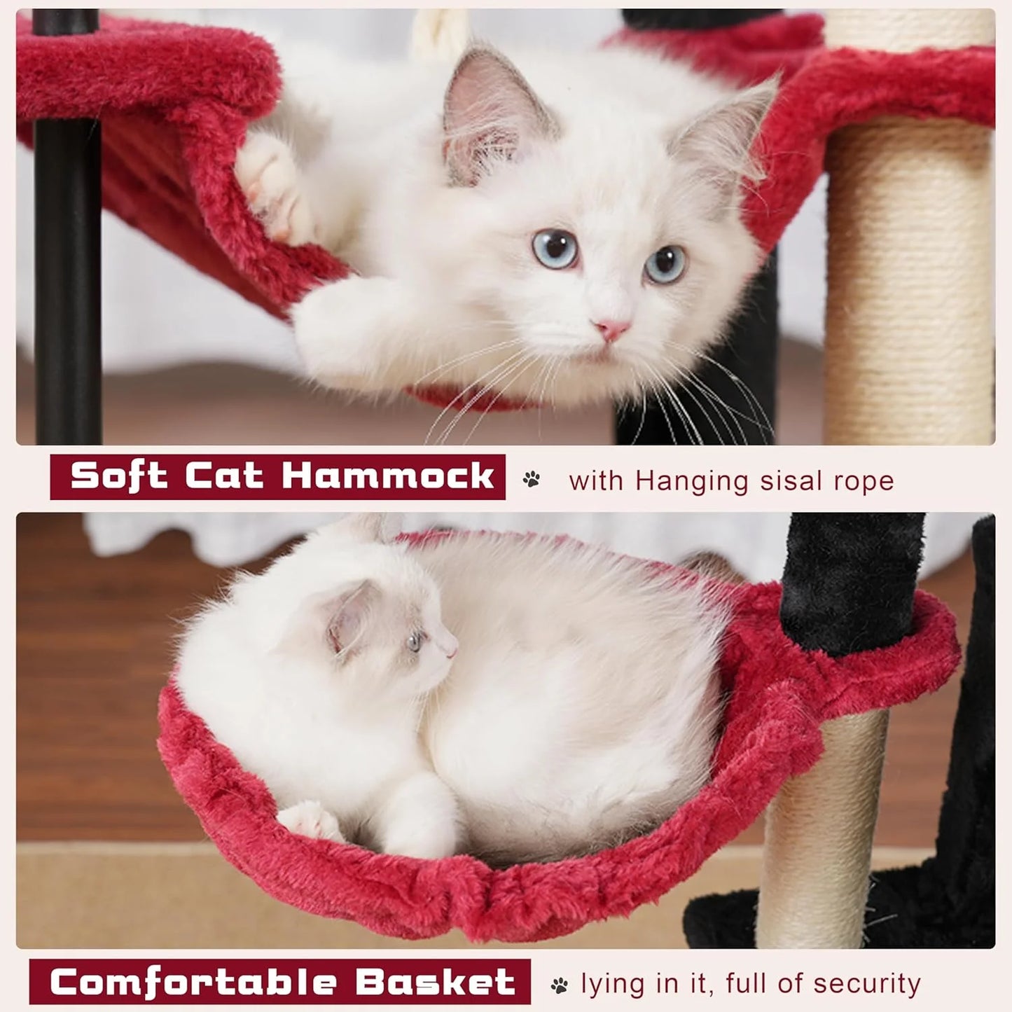 Cat Tree, Cat Tower for Indoor Cats, 43.3 Inch Gothic Cat Tree Tower with Sturdy Steel Tube, Hammock, Cat Condo for Small Cats and Kittens, Scratching Post, Black and Red