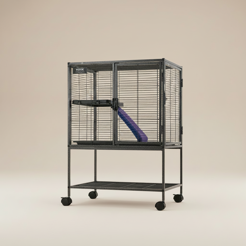A large black metal bird cage on a wheeled stand with a purple ramp, shown on a white background. Two small accessories are inside the cage.