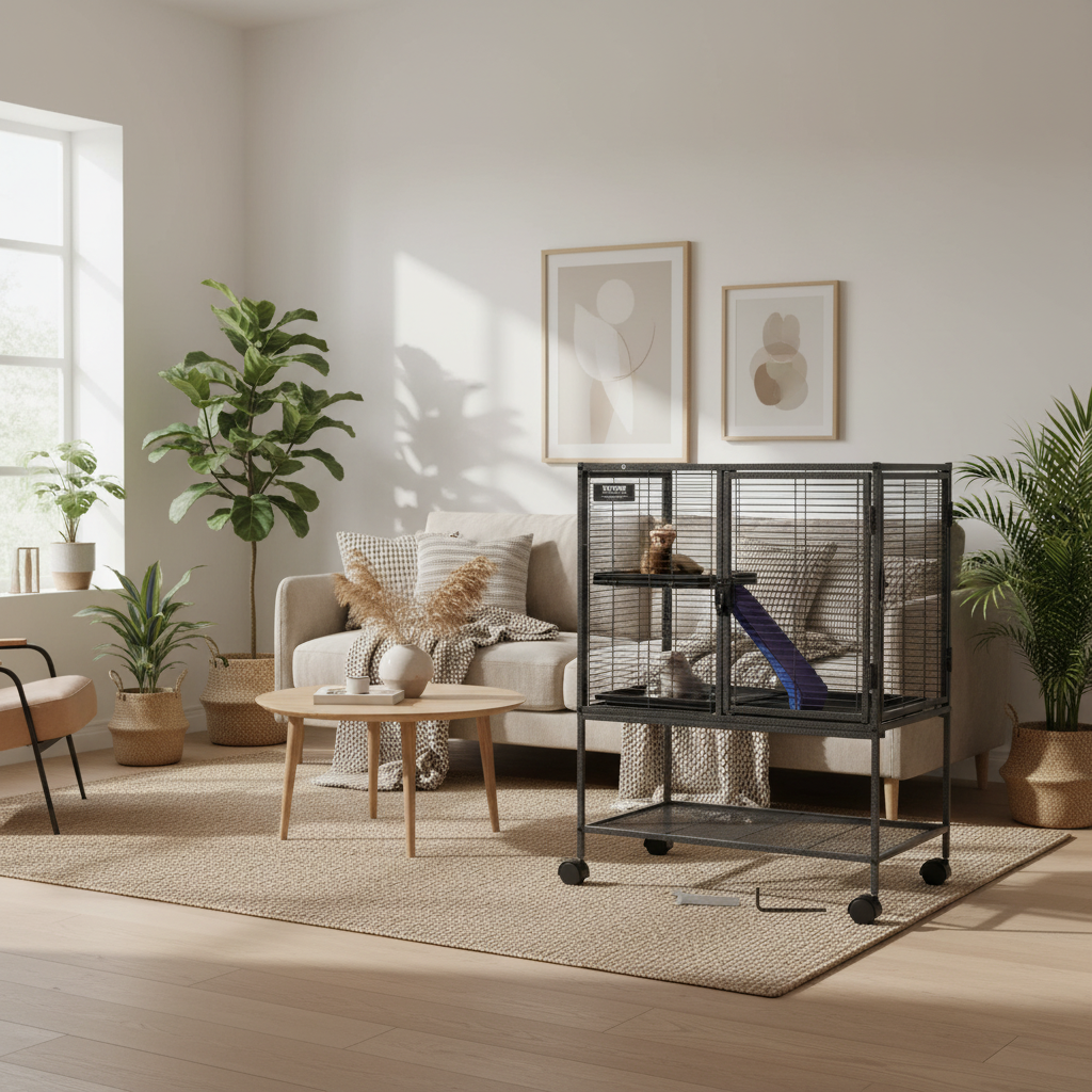  A spacious black wire small animal cage featuring multiple levels and ramps, set on a sturdy mobile stand with lockable wheels, positioned elegantly in a bright, modern living room setting.