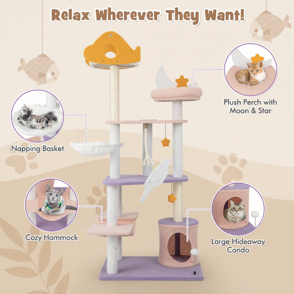 Cat tree with various features for cats, including a plush perch, napping basket, cozy hammock, and large hideaway condo.