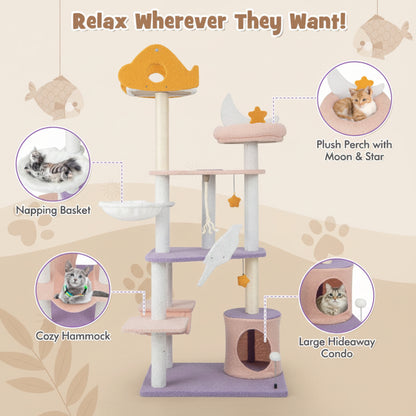 Cat tree with various features for cats, including a plush perch, napping basket, cozy hammock, and large hideaway condo.
