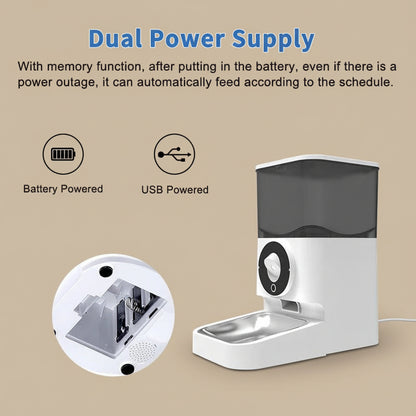 Pet feeder with dual power supply options on a beige background.