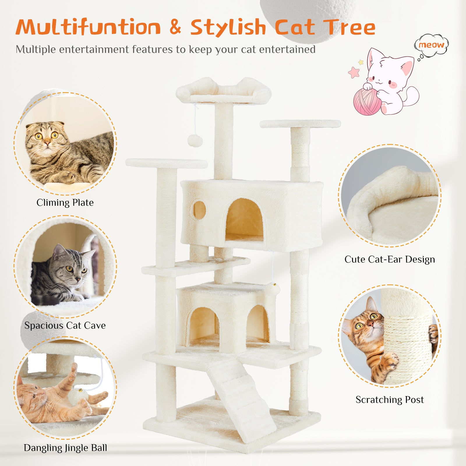 Multifunctional cat tree with various features for cats on a white background