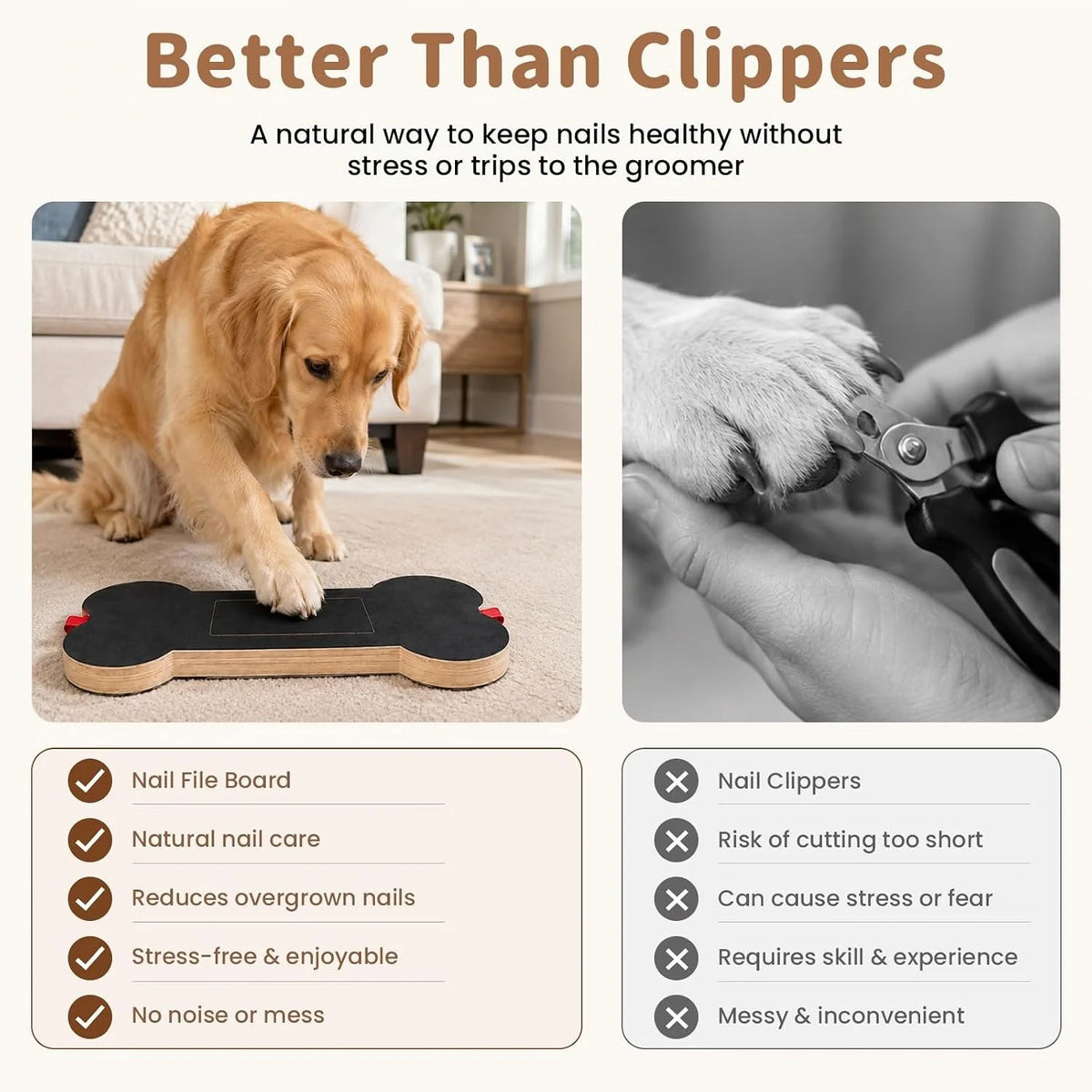 An infographic comparing a dog nail file board with nail clippers. The left panel shows a golden retriever using a bone-shaped black-and-wood nail file board on a carpeted floor, with the text 'Better Than Clippers' at the top.