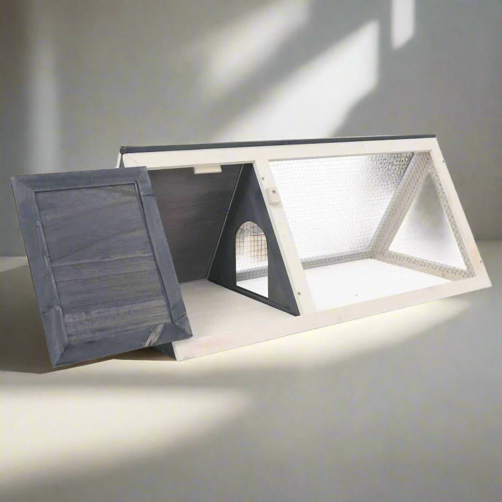 Animal Cage Grey and White Fir Wood, Plywood, Iron Wire Medium