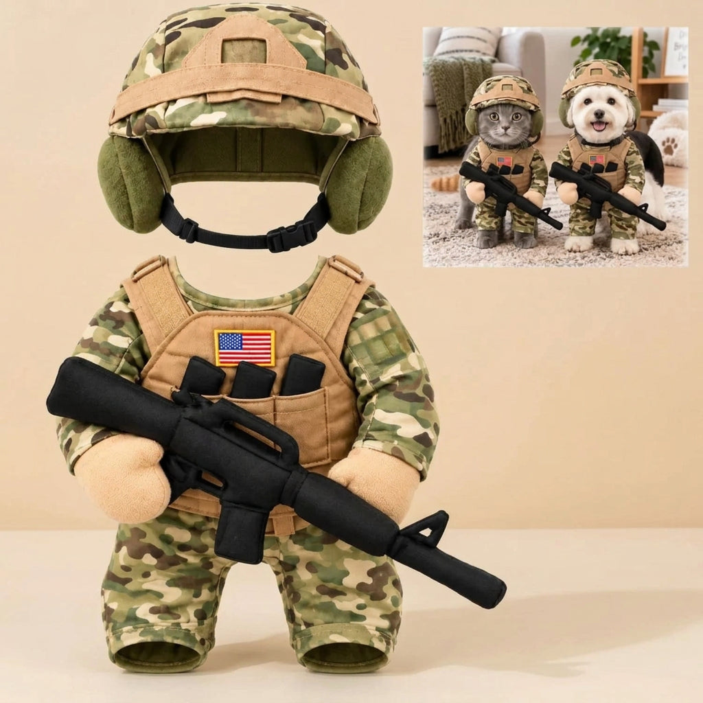 A medium sized pet camouflage outfit set shown on a mannequin-style display, including a matching helmet and a small tactical-soldier bodysuit with a black toy rifle. A small inset in the top right shows a cat and a dog wearing the outfit in a living room setting.