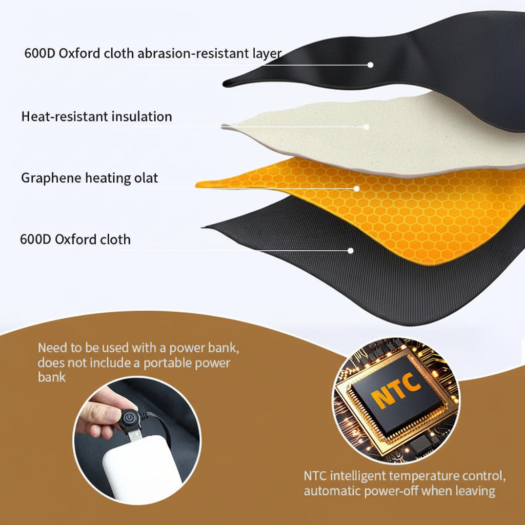 Layers of a heating pad with text explaining each layer and features.