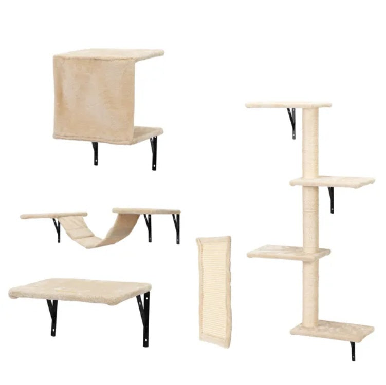 5 Pcs Wall Mounted Cat Climber Set - Floating Cat Shelves And Perches - Cat Activity Tree With Scratching Posts - Modern Cat Furniture