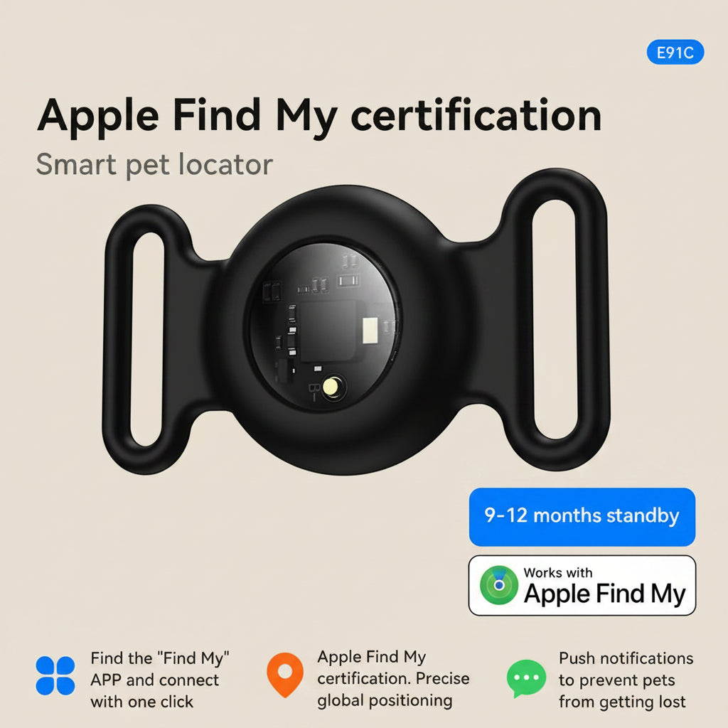 Smart pet locator with Apple Find My certification on a white background