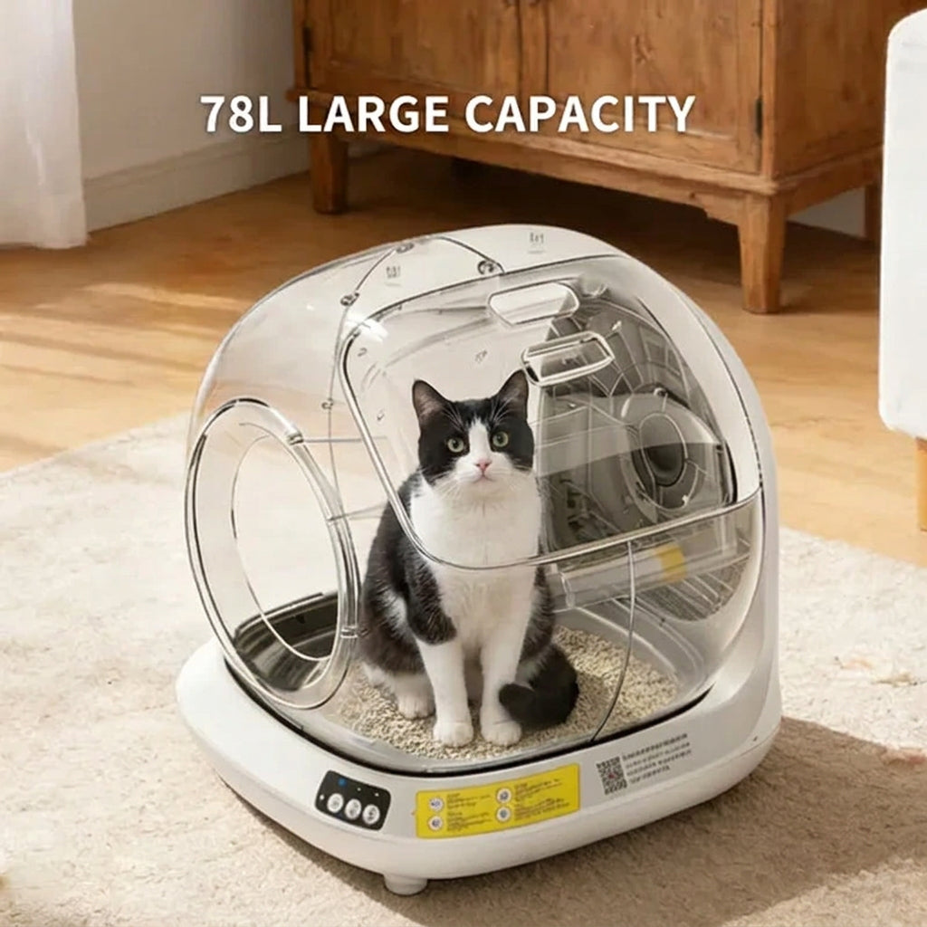 Cat inside a large pet litter box with '78L LARGE CAPACITY' text.