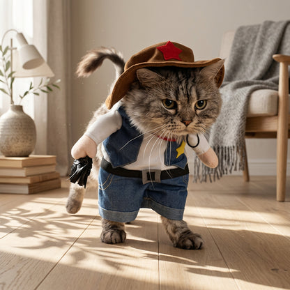 Cat wearing a cowboy costume with a hat and faux arms in a living room setting
