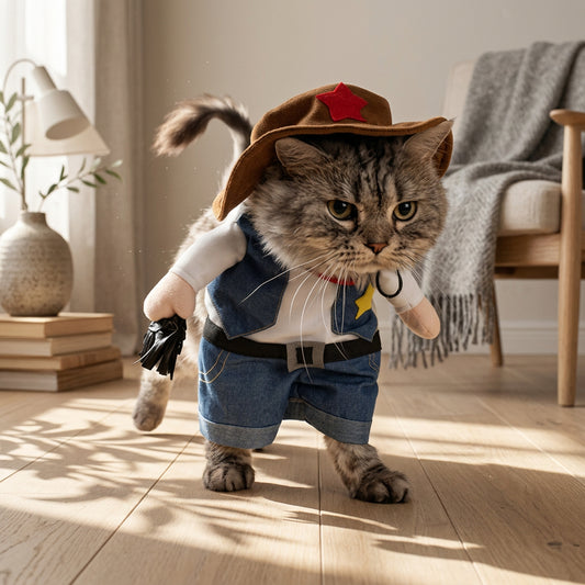 Cat wearing a cowboy costume with a hat and faux arms in a living room setting
