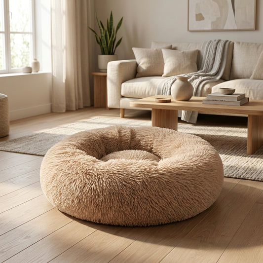 A round, fluffy faux-fur pet bed in a light taupe-beige color, set against a solid, warm beige background.