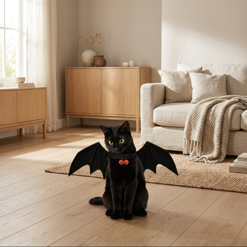 A black cat wearing a Halloween bat costume accessory with fabric wings and a black collar featuring two orange jack-o'-lantern charms, posed in a spooky Halloween scene with pumpkins, tombstones, bats, and cobwebs against an orange sky.