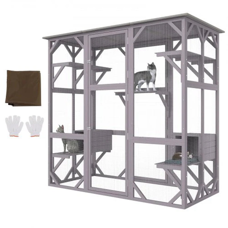 Cat House Outdoor, 7-Tier Large Catio, Cat Enclosure with 5 Platforms, 2 Resting Boxes & Large Front Door, 71.2 X 34.6 X 66.5 Inch