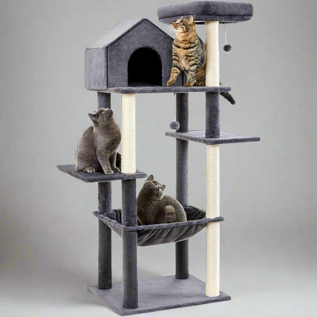 Cat tree with multiple levels and a hammock, featuring three cats on a white background.