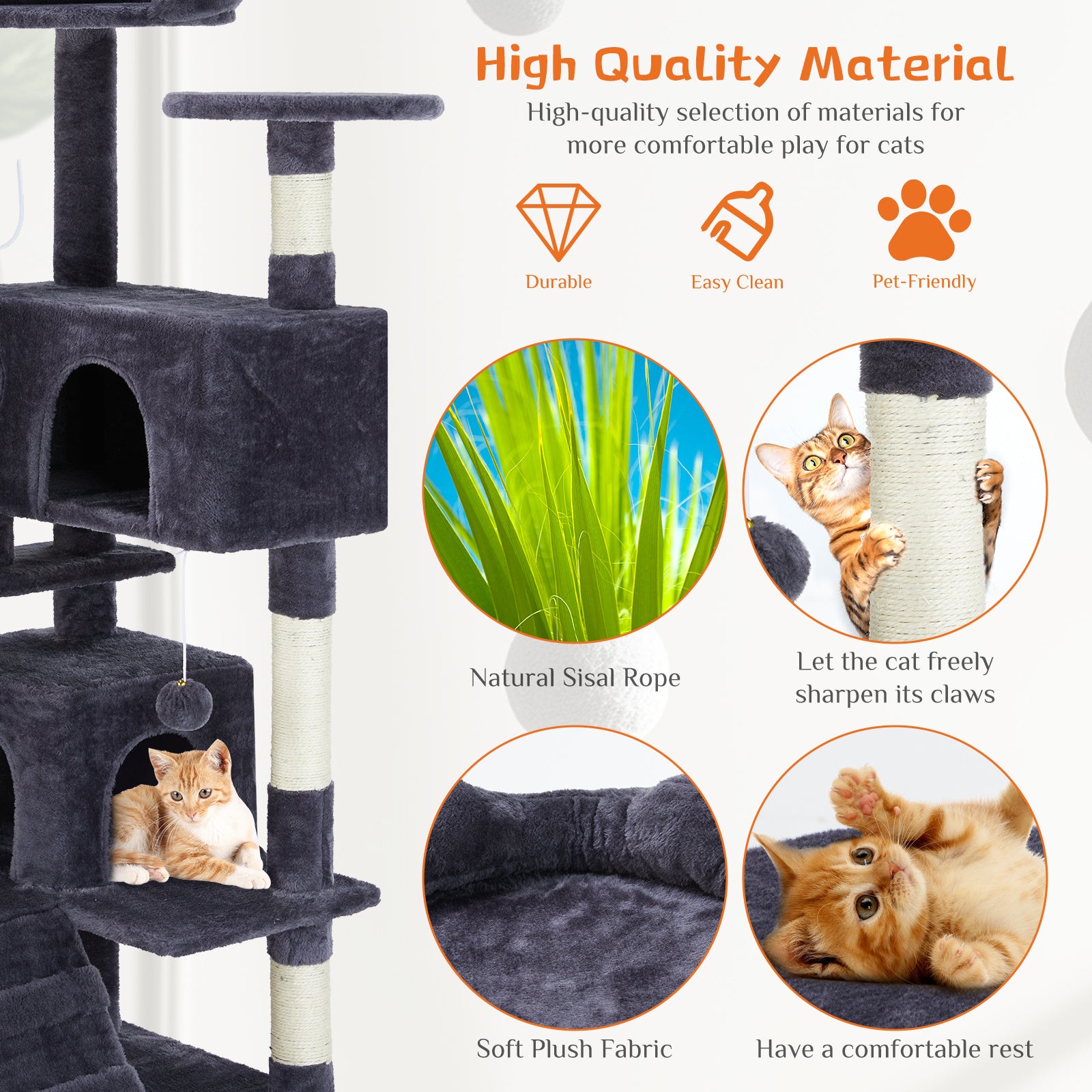 Cat tree with features highlighted, including natural sisal rope, soft plush fabric, and cat sharpening its claws.